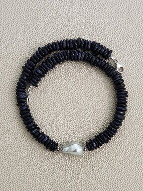 MIDNIGHT HOUR NECKLACE W/ BLUE SANDSTONE & FLAMEBALL PEARL--16"